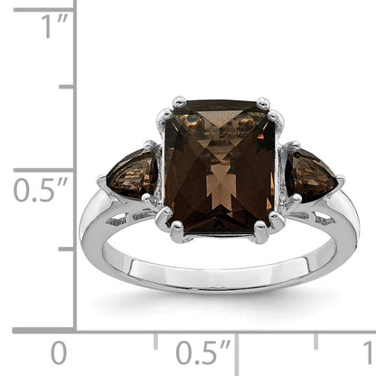 Sterling Silver Rhodium Checker Cut Smoky Quartz Ring