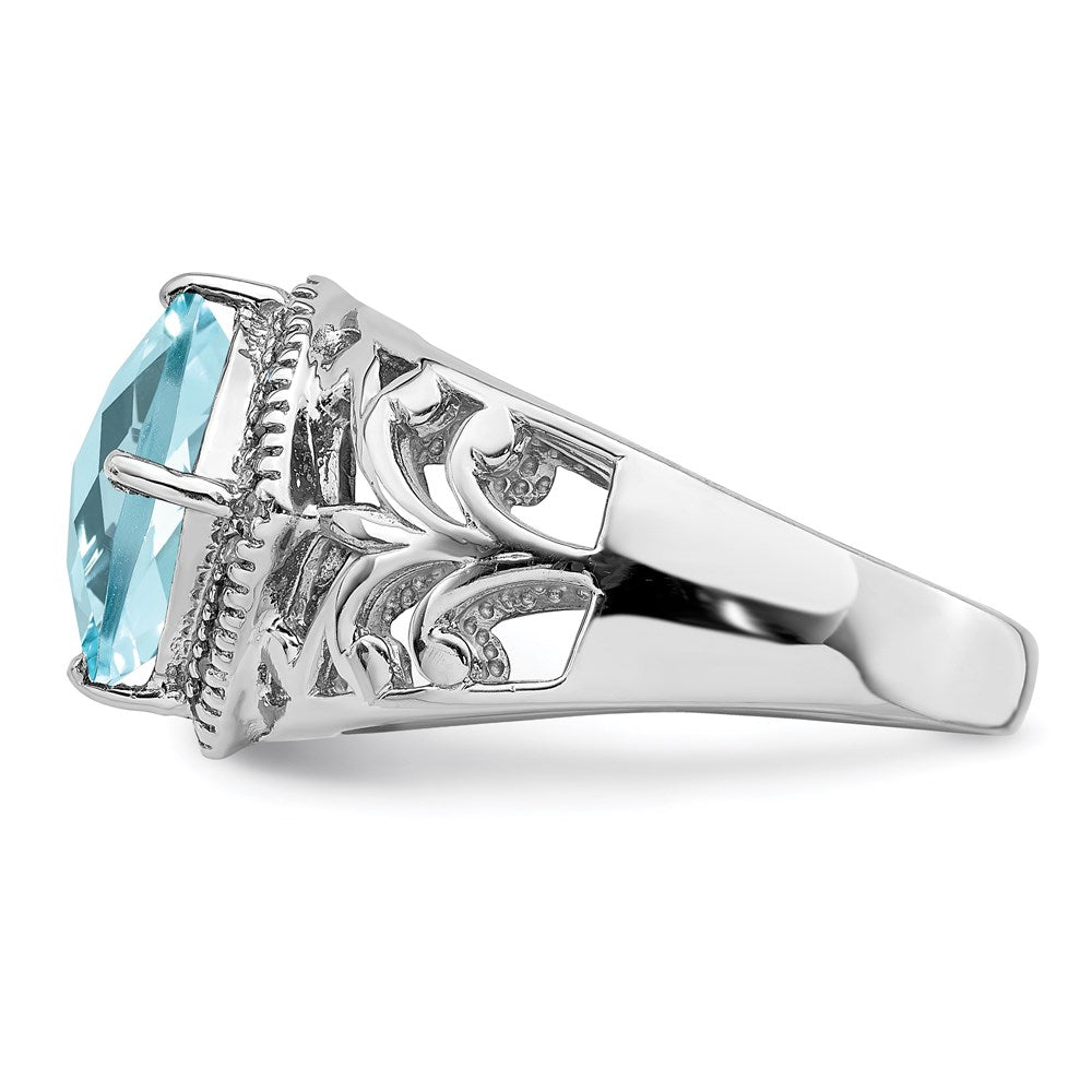 Sterling Silver Rhodium Checker Cut Sky Blue Topaz & Diamond Ring (Size 7 Only)