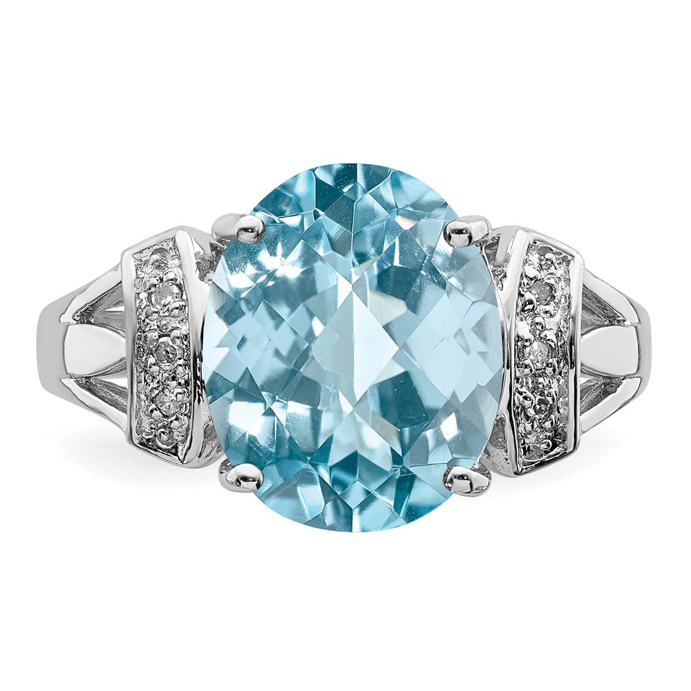 Sterling Silver Rhodium Checker Cut Sky Blue Topaz & Diamond Ring (Size 7 Only)