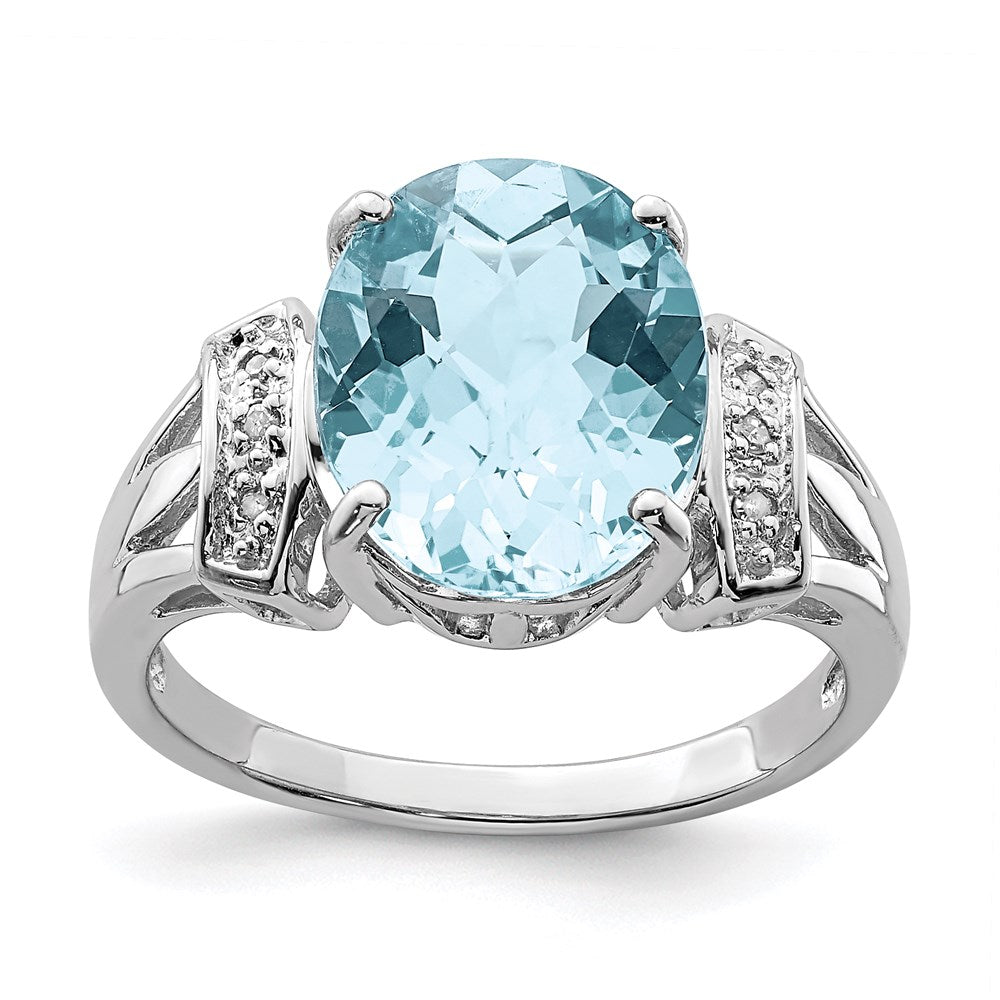 Sterling Silver Rhodium Checker Cut Sky Blue Topaz & Diamond Ring (Size 7 Only)