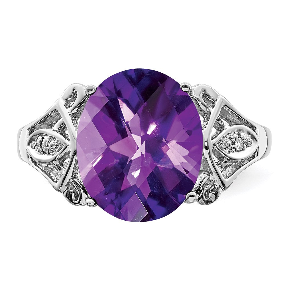 Sterling Silver Rhodium Oval Checker Cut Amethyst & Diamond Ring (Size 7 Only)