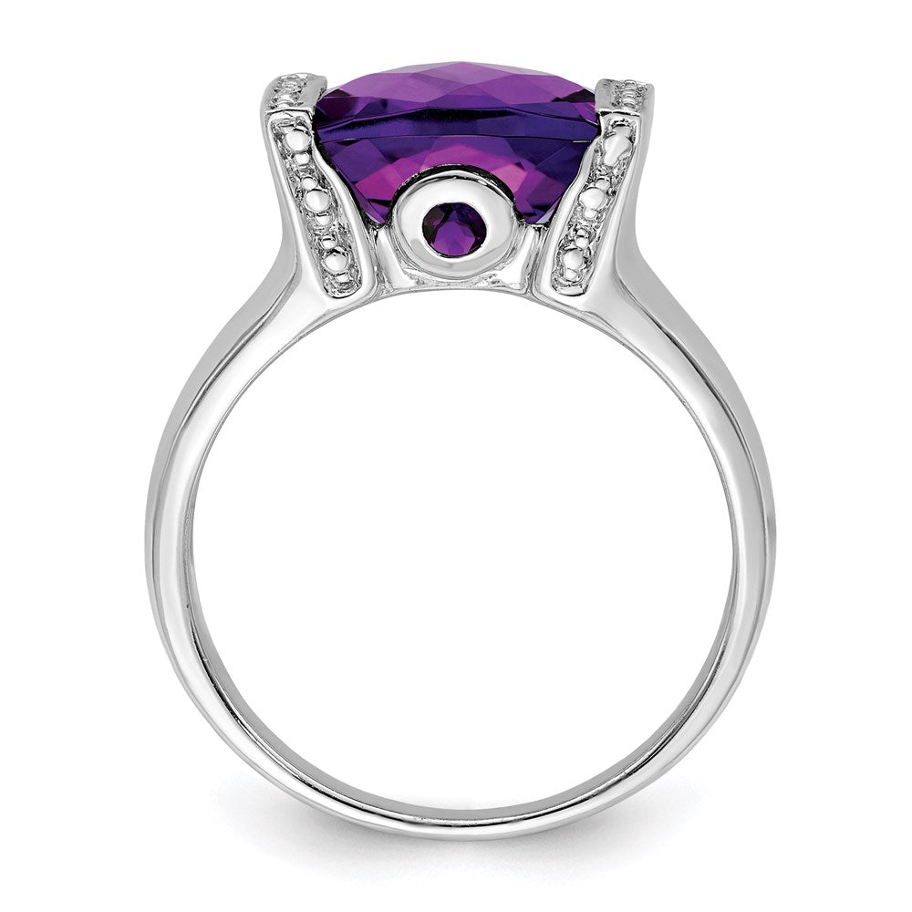 Sterling Silver Rhodium Plated Checker Cut Amethyst & Diamond Ring