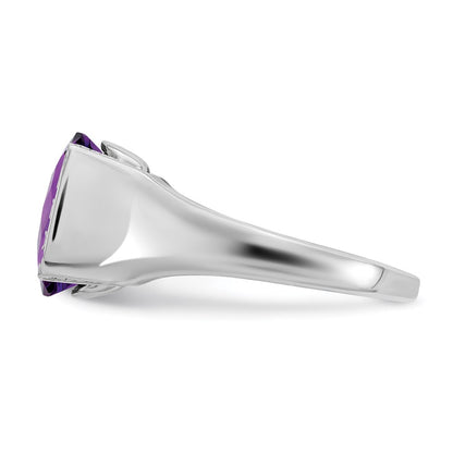 Sterling Silver Rhodium Plated Checker Cut Amethyst & Diamond Ring