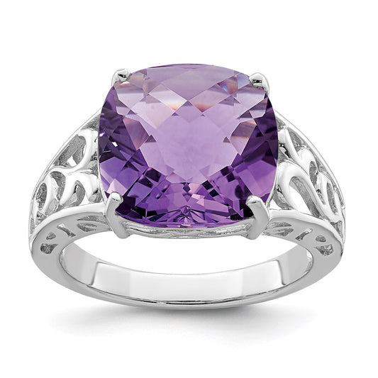 Sterling Silver Rhodium Plated Checker Cut Amethyst Ring