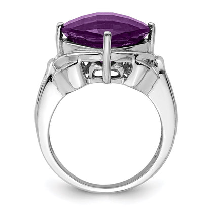 Sterling Silver Rhodium Plated Checker Cut Amethyst Ring