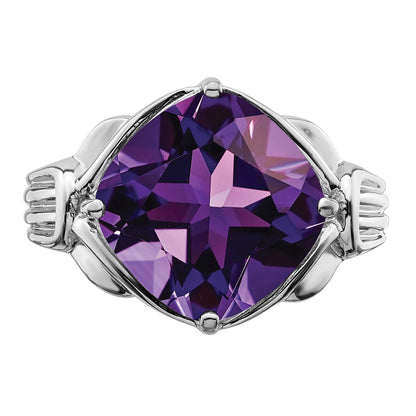 Sterling Silver Rhodium Plated Checker Cut Amethyst Ring