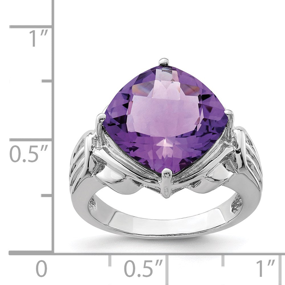 Sterling Silver Rhodium Plated Checker Cut Amethyst Ring