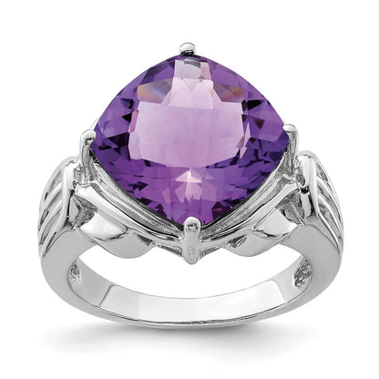Sterling Silver Rhodium Plated Checker Cut Amethyst Ring