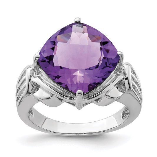 Sterling Silver Rhodium Plated Checker Cut Amethyst Ring