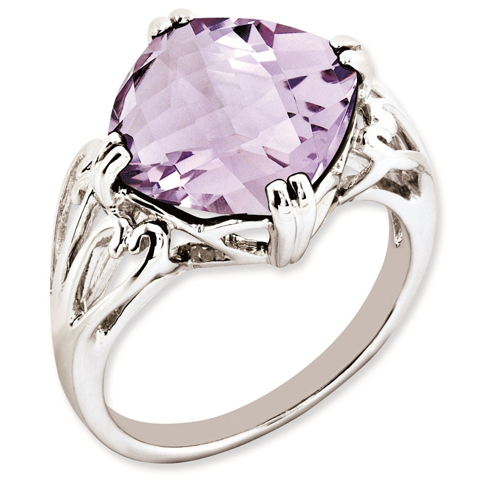 Sterling Silver Rhodium Plated Checker Cut Pink Quartz Ring (Size 7 Only)