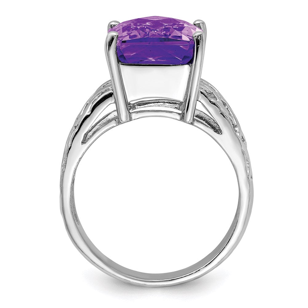 Sterling Silver Rhodium Plated Octagonal Checker Cut Amethyst Ring (Size 7 Only)