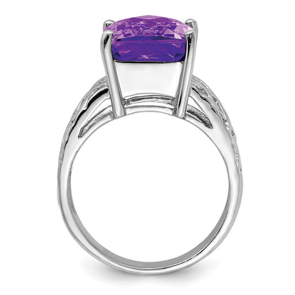 Sterling Silver Rhodium Plated Octagonal Checker Cut Amethyst Ring (Size 7 Only)