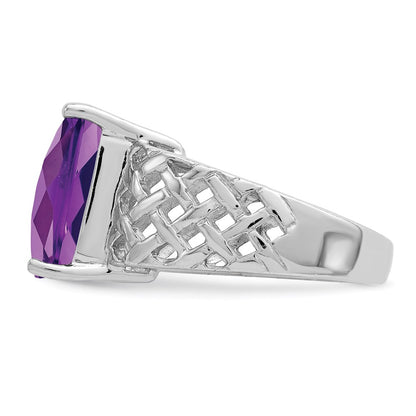 Sterling Silver Rhodium Plated Octagonal Checker Cut Amethyst Ring (Size 7 Only)