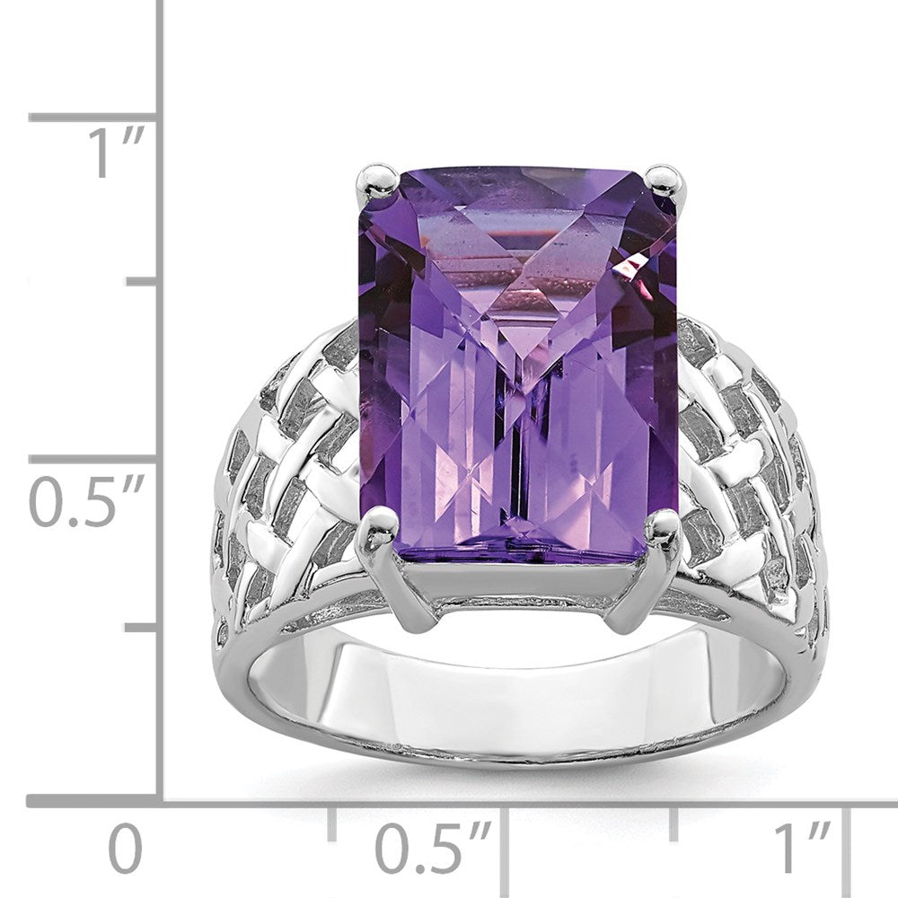 Sterling Silver Rhodium Plated Octagonal Checker Cut Amethyst Ring (Size 7 Only)