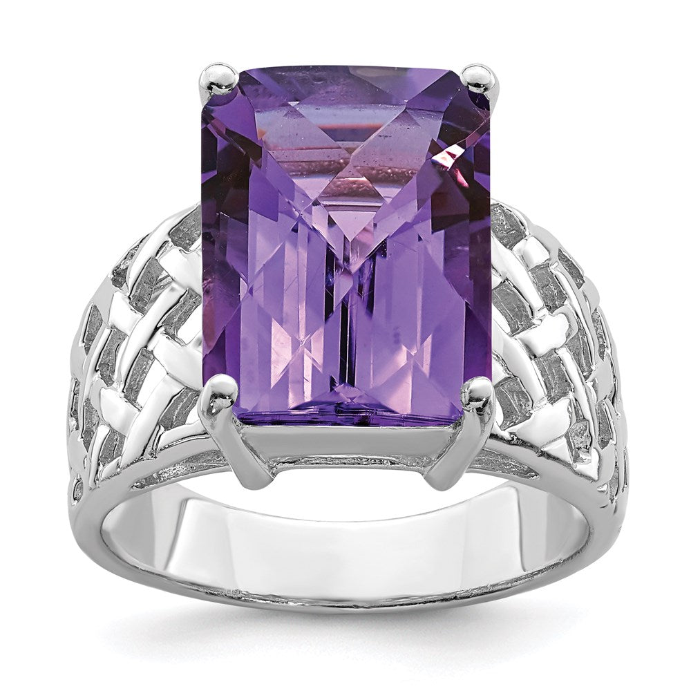 Sterling Silver Rhodium Plated Octagonal Checker Cut Amethyst Ring (Size 7 Only)