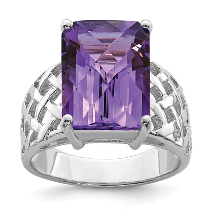 Sterling Silver Rhodium Plated Octagonal Checker Cut Amethyst Ring (Size 7 Only)