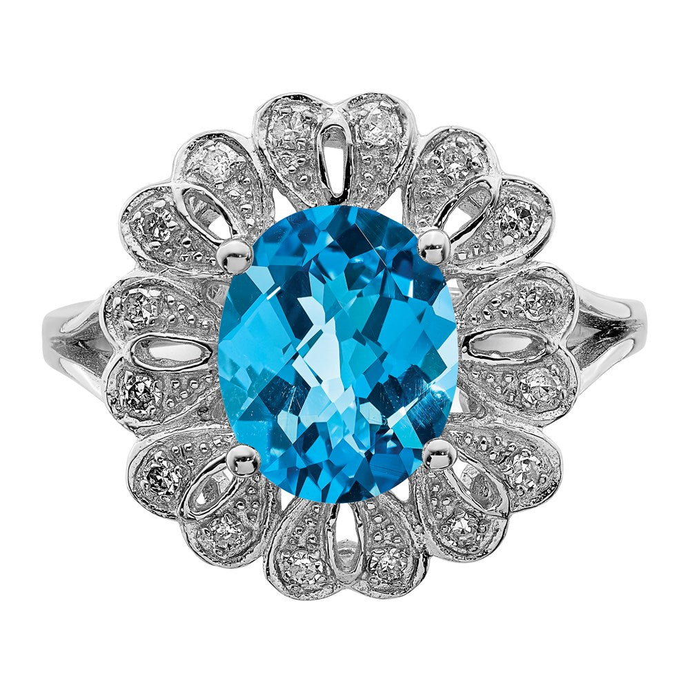 Sterling Silver Rhodium Diamond & Oval Checker Cut Blue Topaz Ring (Size 7 Only)