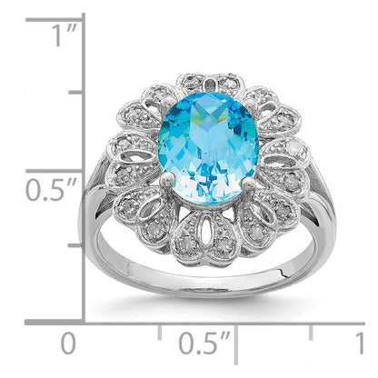 Sterling Silver Rhodium Diamond & Oval Checker Cut Blue Topaz Ring (Size 7 Only)