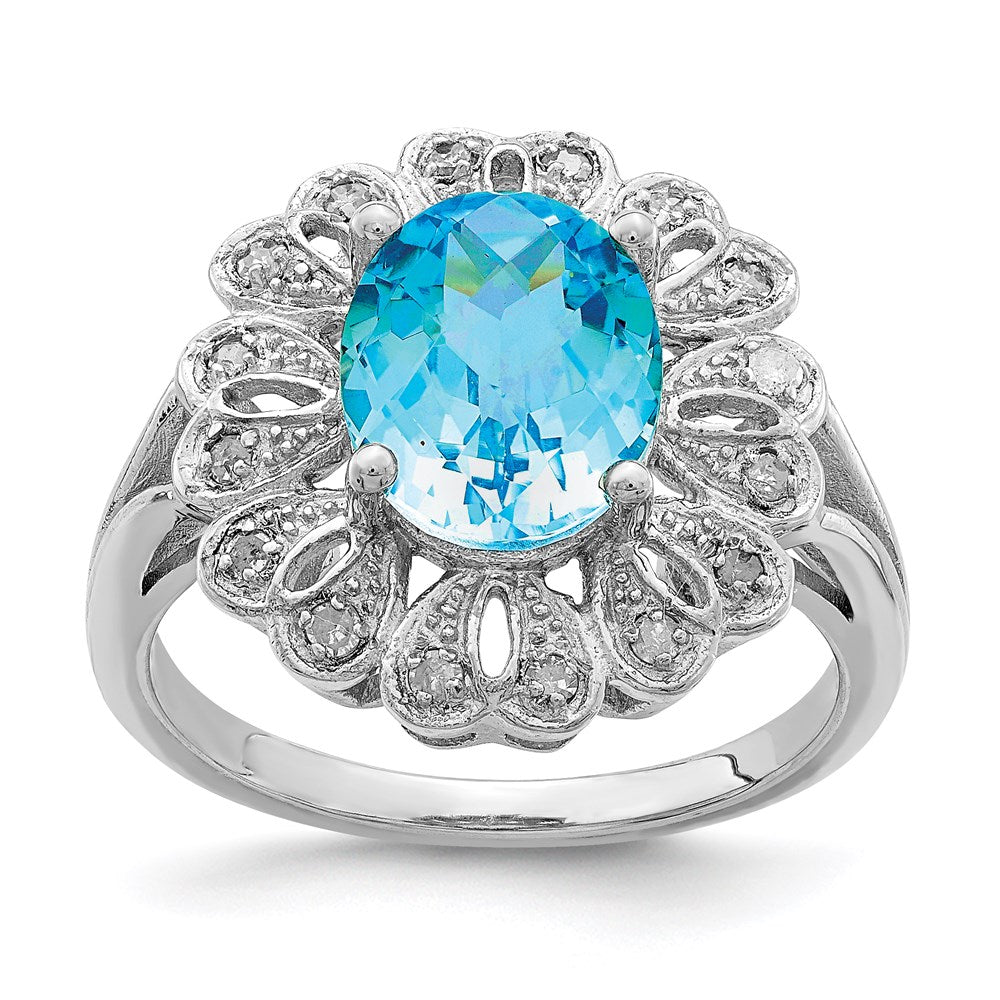 Sterling Silver Rhodium Diamond & Oval Checker Cut Blue Topaz Ring (Size 7 Only)