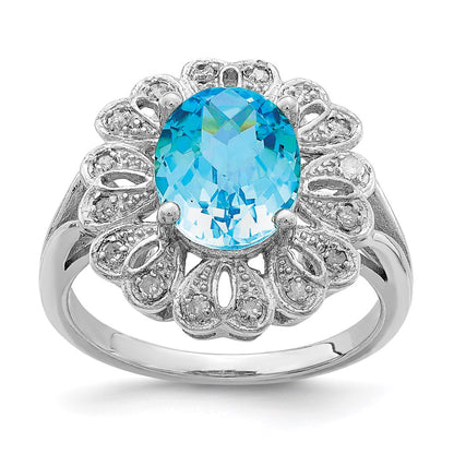 Sterling Silver Rhodium Diamond & Oval Checker Cut Blue Topaz Ring (Size 7 Only)