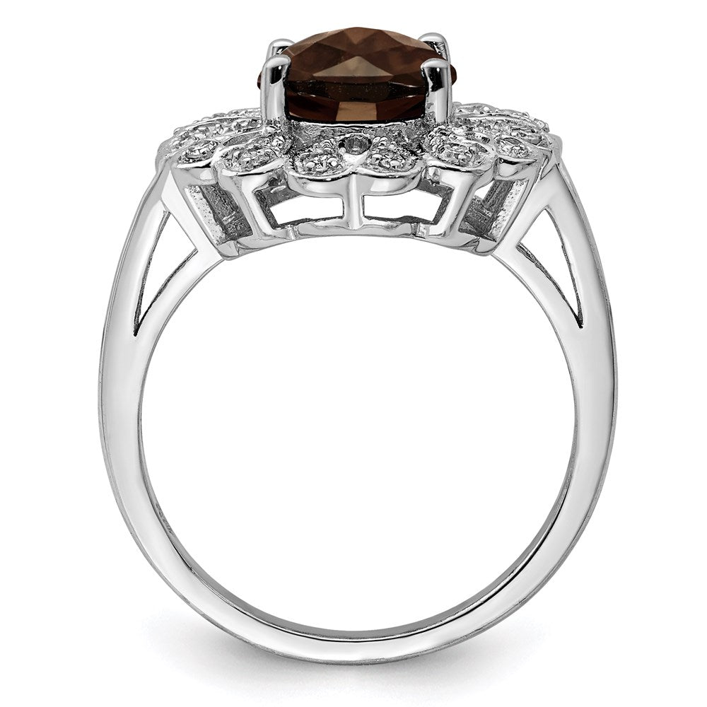 Sterling Silver Rhodium Diamond & Checker Cut Smoky Quartz Ring