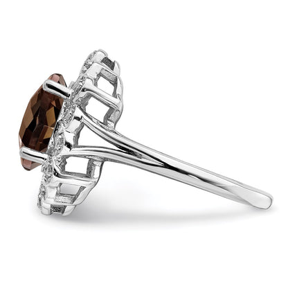 Sterling Silver Rhodium Diamond & Checker Cut Smoky Quartz Ring