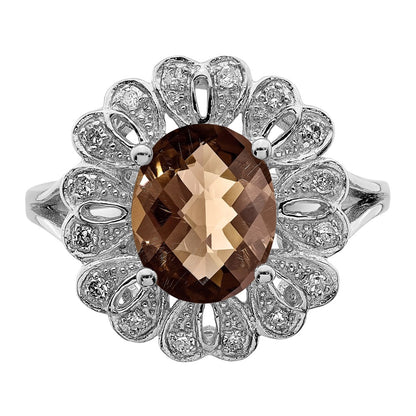 Sterling Silver Rhodium Diamond & Checker Cut Smoky Quartz Ring