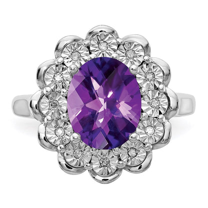 Sterling Silver Rhodium Plated Diamond & Checker Cut Amethyst Ring