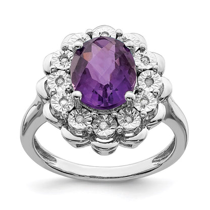 Sterling Silver Rhodium Plated Diamond & Checker Cut Amethyst Ring