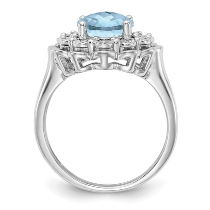 Sterling Silver Rhodium Diamond & Checker Cut Sky Blue Topaz Ring (Size 7 Only)