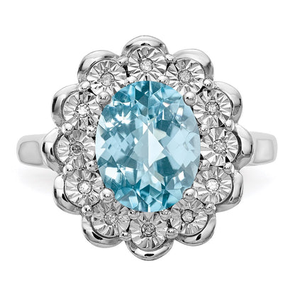 Sterling Silver Rhodium Diamond & Checker Cut Sky Blue Topaz Ring (Size 7 Only)