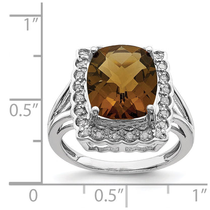 Sterling Silver Rhodium Diamond & Checker Cut Whiskey Quartz Ring (Size 7 Only)