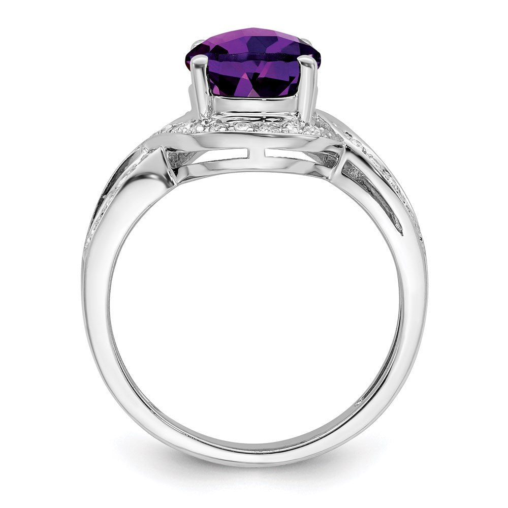 Sterling Silver Rhodium Plated Diamond & Oval Checker Cut Amethyst Ring (Size 7 Only)