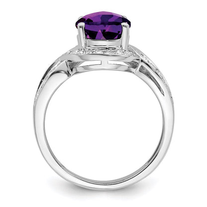 Sterling Silver Rhodium Plated Diamond & Oval Checker Cut Amethyst Ring (Size 7 Only)