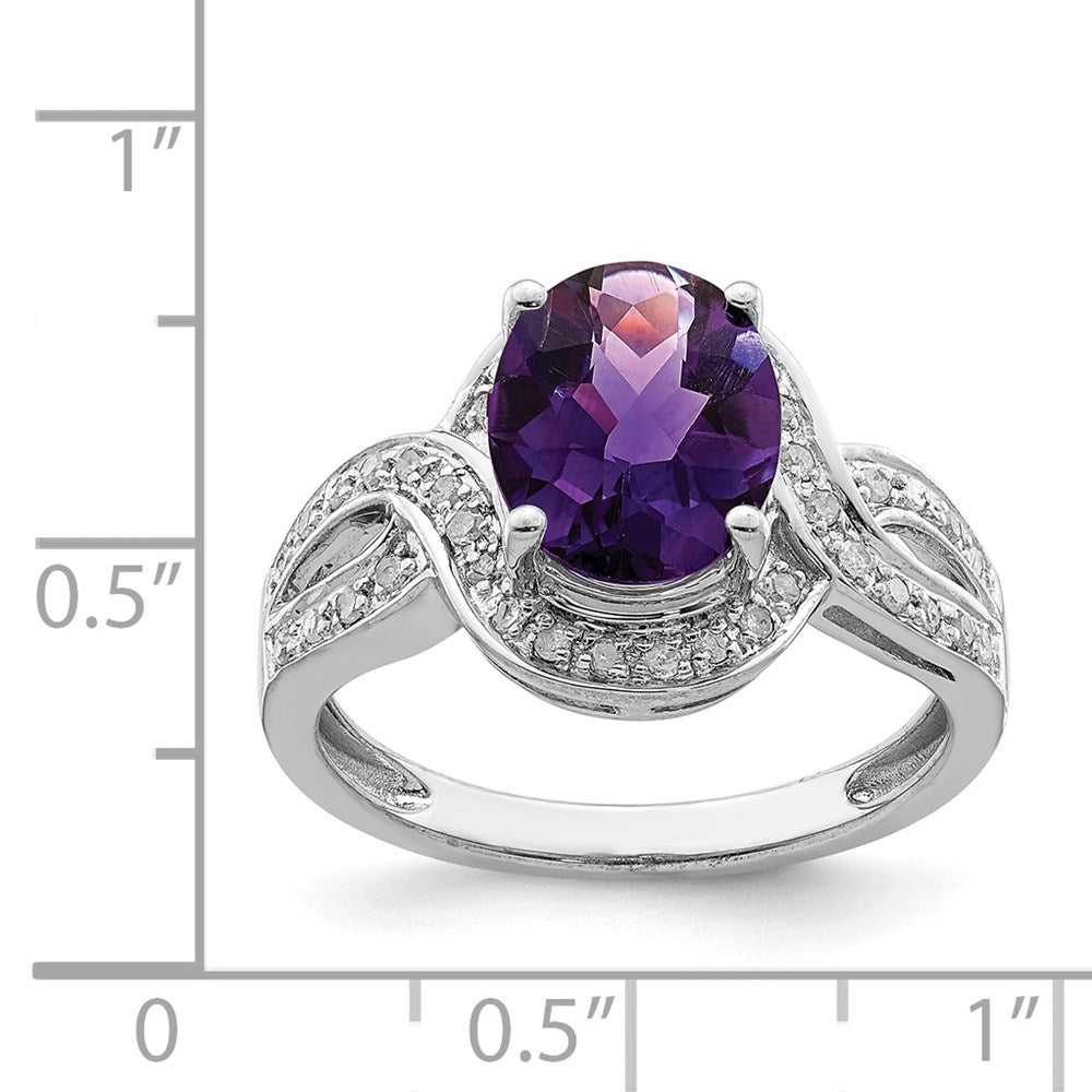 Sterling Silver Rhodium Plated Diamond & Oval Checker Cut Amethyst Ring (Size 7 Only)