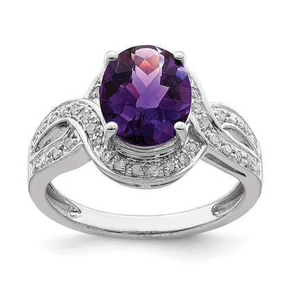 Sterling Silver Rhodium Plated Diamond & Oval Checker Cut Amethyst Ring (Size 7 Only)