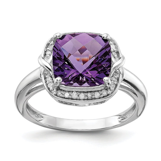Sterling Silver Rhodium Plated Diamond & Checker Cut Amethyst Ring