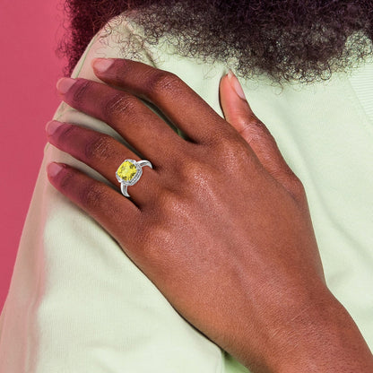 Sterling Silver Rhodium Diamond & Checker Cut Lemon Quartz Ring
