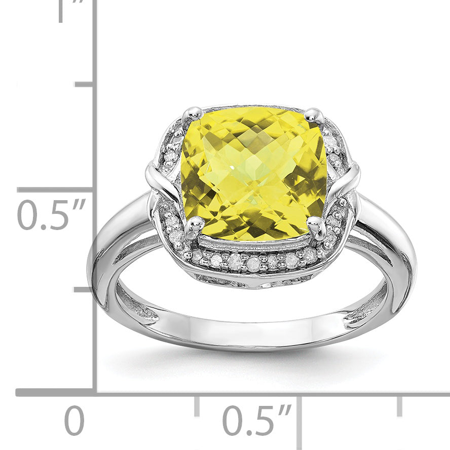 Sterling Silver Rhodium Diamond & Checker Cut Lemon Quartz Ring