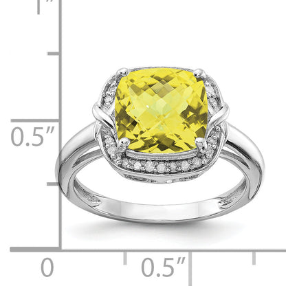 Sterling Silver Rhodium Diamond & Checker Cut Lemon Quartz Ring