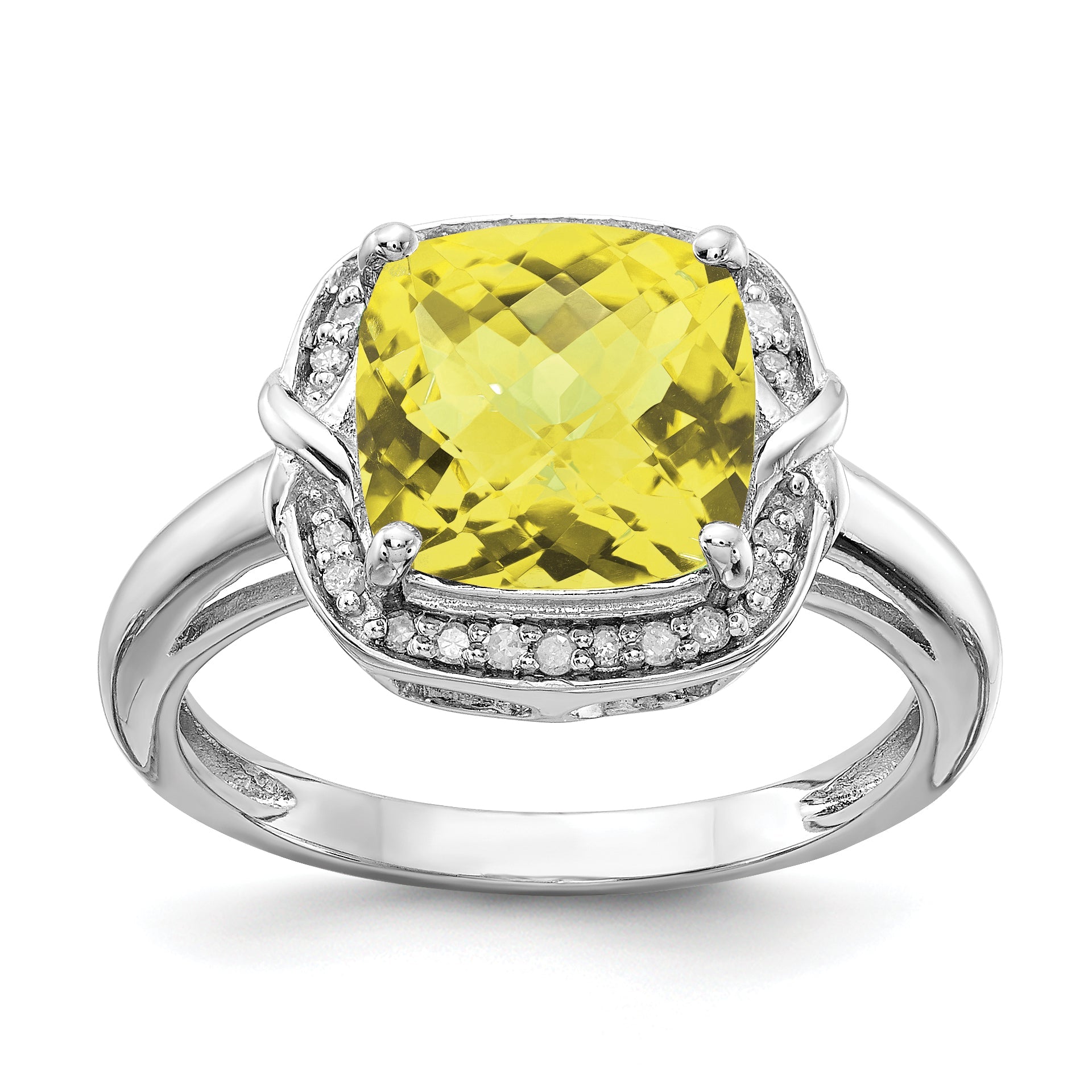 Sterling Silver Rhodium Diamond & Checker Cut Lemon Quartz Ring