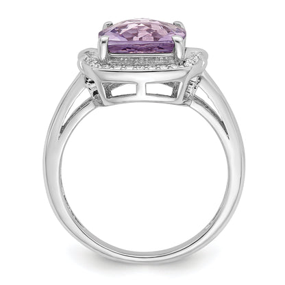Sterling Silver Rhodium Diamond & Checker Cut Pink Quartz Ring