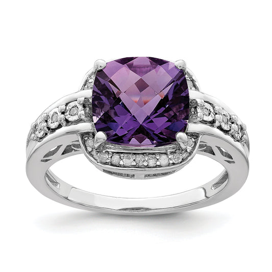 Sterling Silver Rhodium Plated Diamond & Checker Cut Amethyst Ring