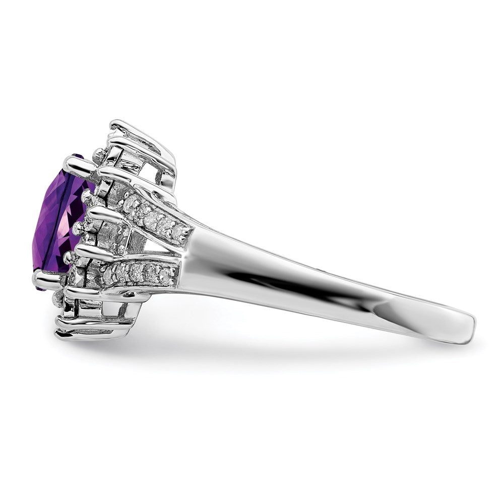 Sterling Silver Rhodium Plated Diamond & Checker Cut Amethyst Ring (Size 6 Only)