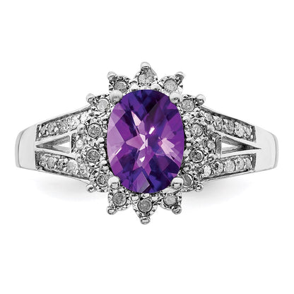 Sterling Silver Rhodium Plated Diamond & Checker Cut Amethyst Ring (Size 6 Only)