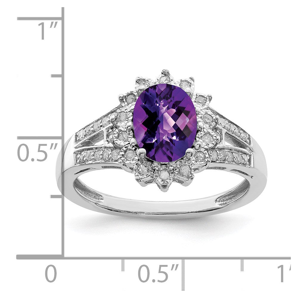 Sterling Silver Rhodium Plated Diamond & Checker Cut Amethyst Ring (Size 6 Only)