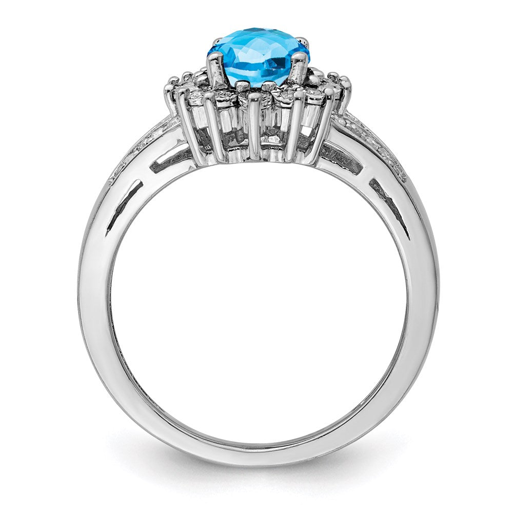 Sterling Silver Rhodium Diamond & Oval Checker Cut Blue Topaz Ring (Size 7 Only)