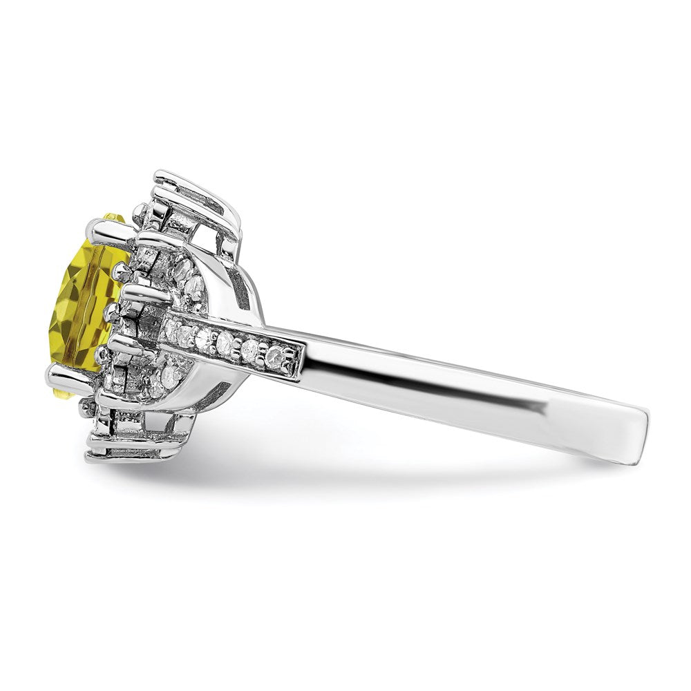 Sterling Silver Rhodium Diamond & Oval Checker Cut Lemon Quartz Ring (Size 7 Only)