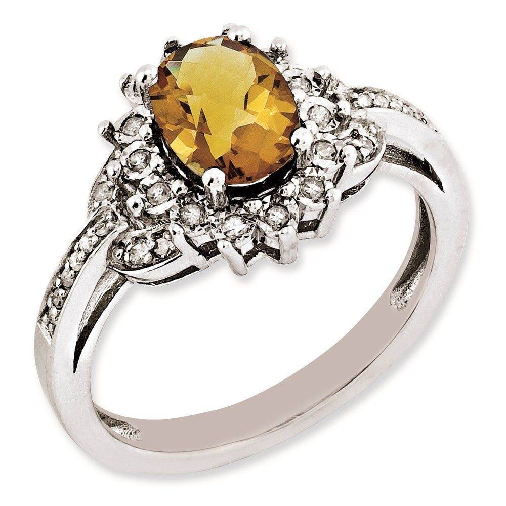 Sterling Silver Rh Plated Diamond & Oval Checker Cut Whiskey Quartz Ring (Size 7 Only)