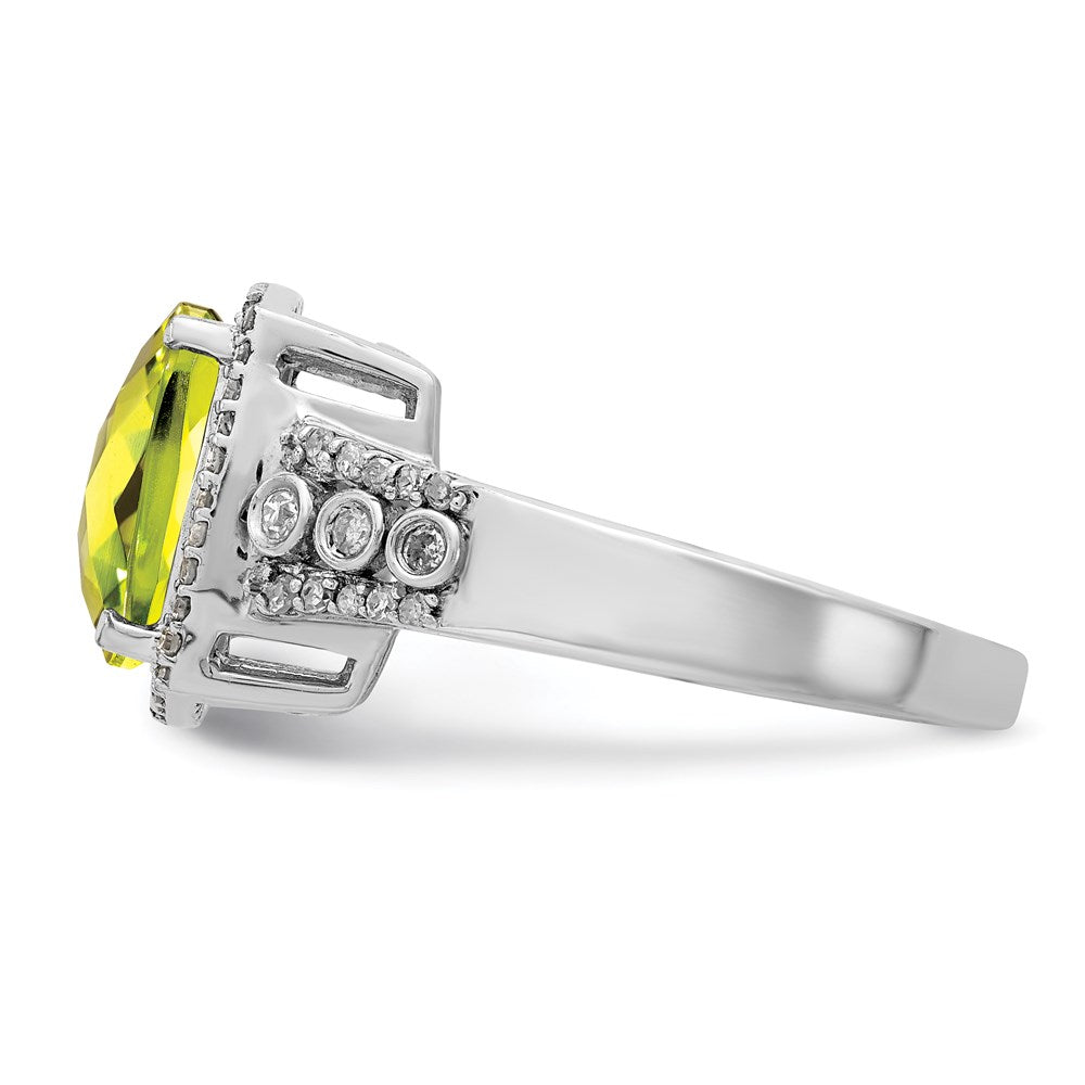 Sterling Silver Rhodium Diamond & Checker Cut Lemon Quartz Ring (Size 7 Only)